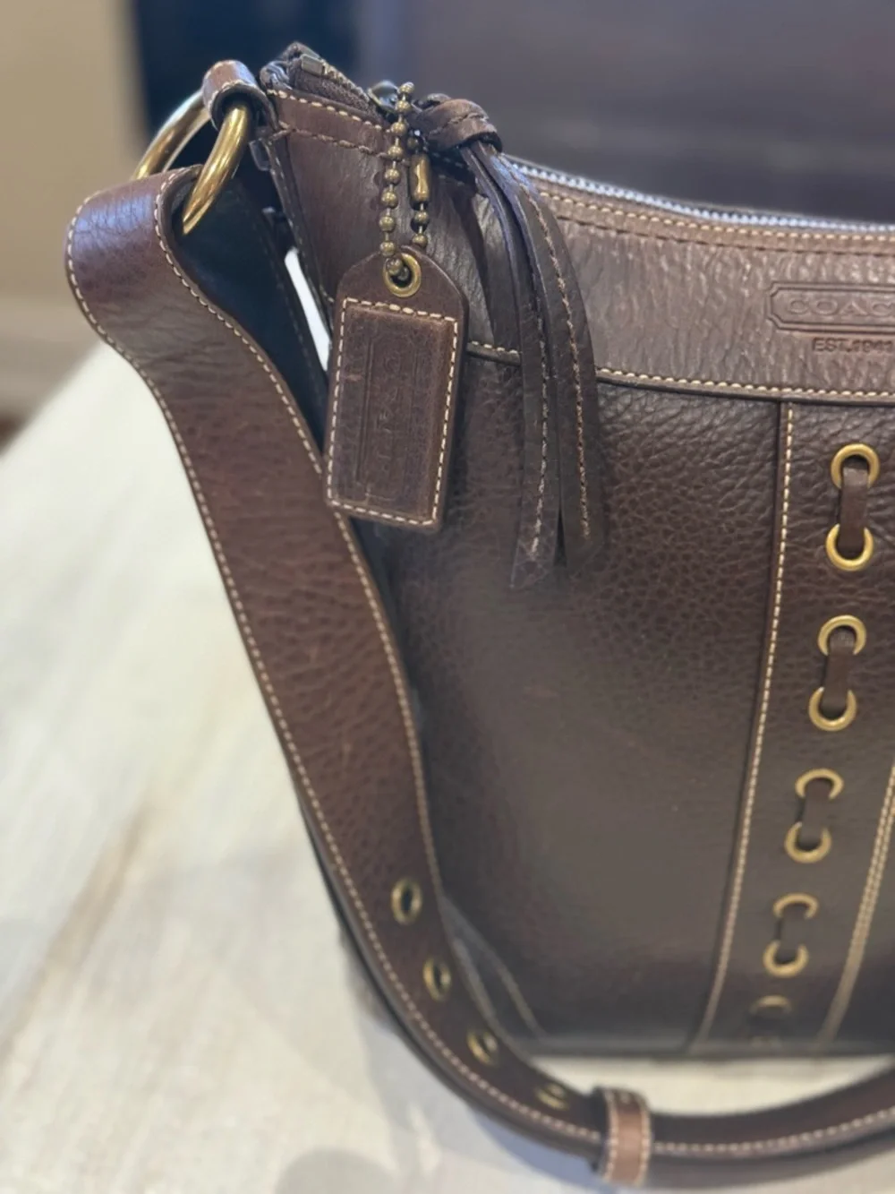 Coach Bleeker Dark Brown Pebbled Leather Messenger/Bucket Bag with Brass